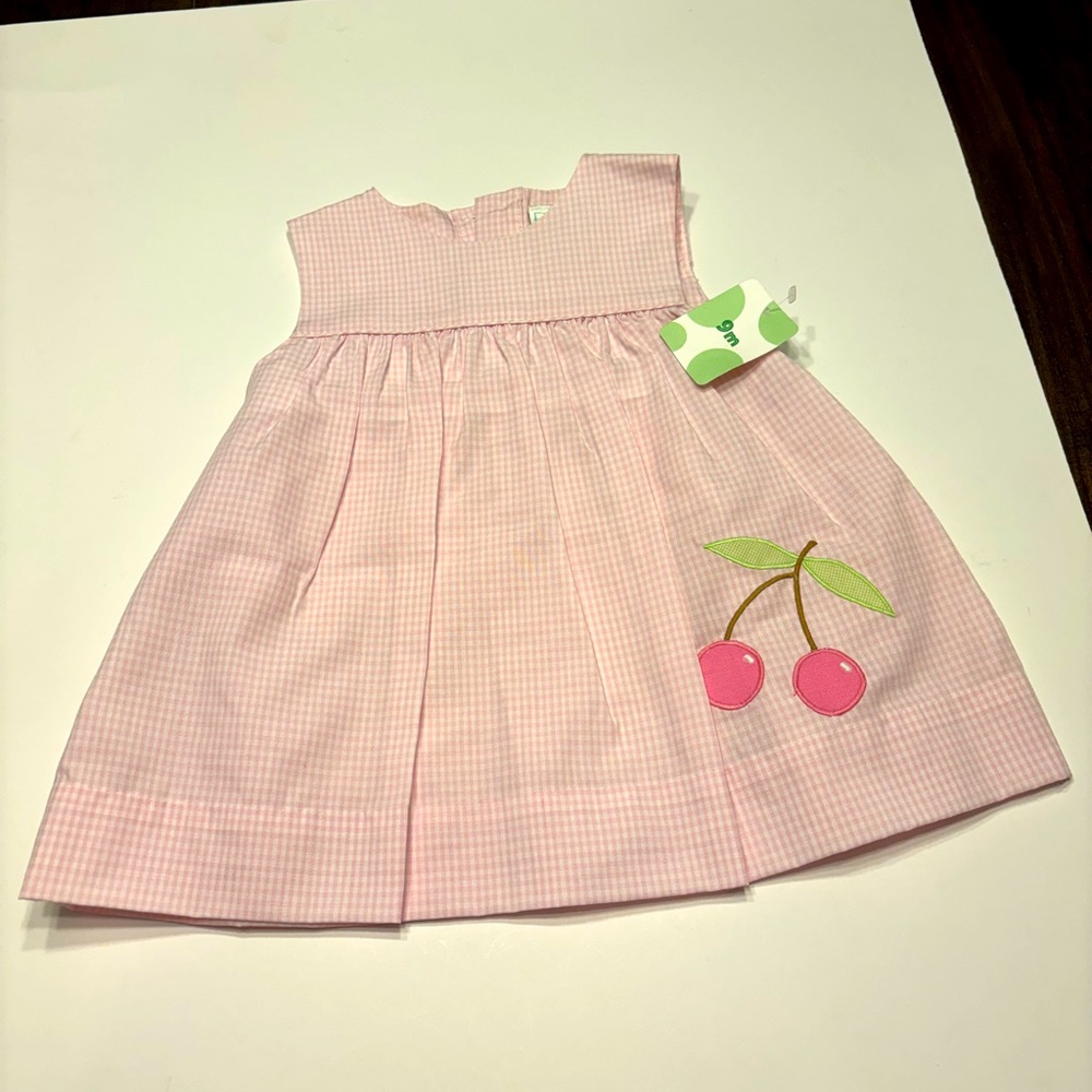 PETIT AMI ZU BABY DRESS BLOOMERS SIZE 9 MONTHS  PINK GINGHAM WITH CHERRIES